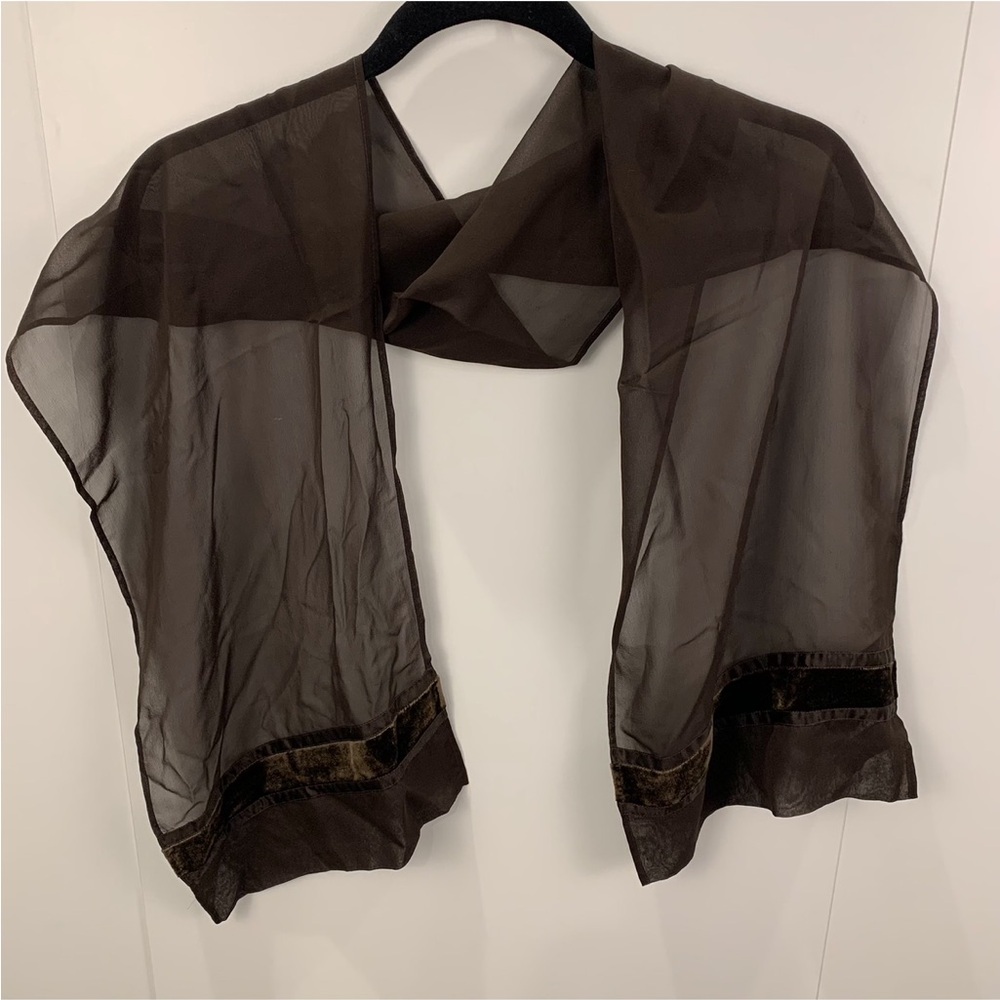 Vintage Liz Clairborne Pure Silk Scarf Sheer Chocolate Brown Velvet Trim Luxury